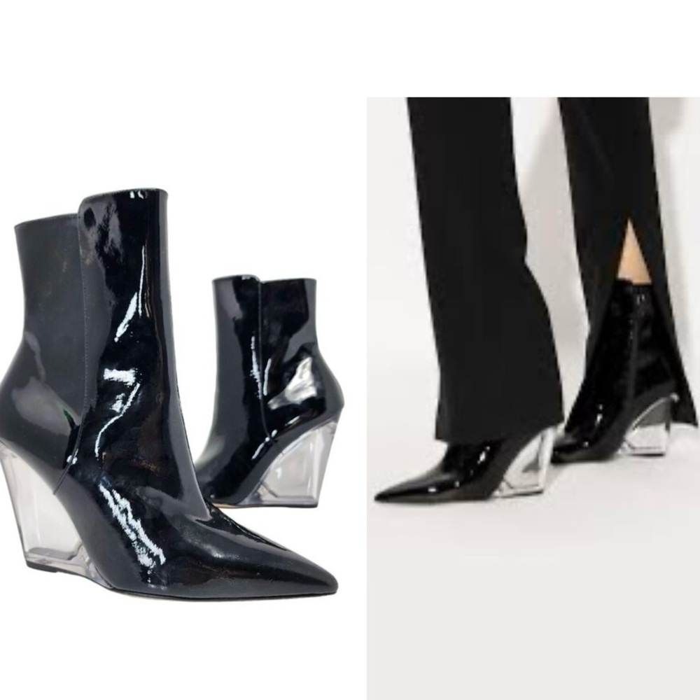 Stuart Weitzman lucite 100 patent leather ankle boots clear wedge heel